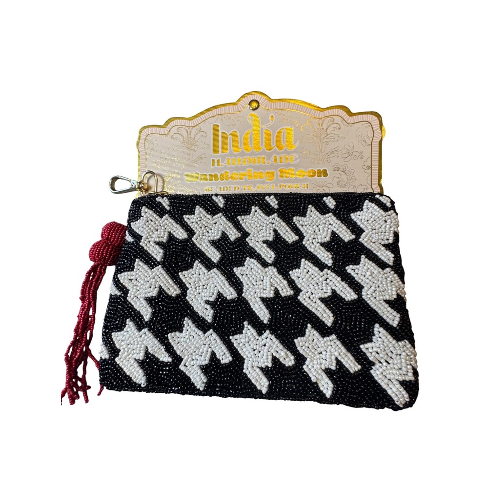 Wandering Moon Handmade Beaded Travel Pouch Black White Houndstooth Red Tassel